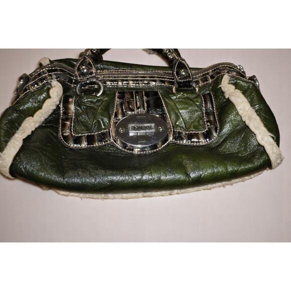 Vintage GUESS Olive Green Faux Leather Shearling Handbag | Y2K Croc Trim Logo - Picture 8 of 15